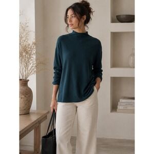 Vince Dark Teal Mock Neck Long Sleeve Knit Top Women's M Soft Stretch Pullover
